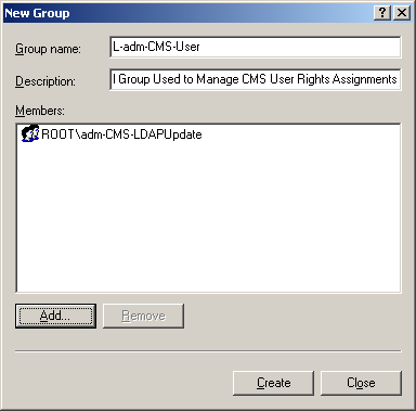 New Group dialog box where L-adm-CMS-User group is being created and where the adm-CMS-LDAPUpdate Active Directory Group is set as a member